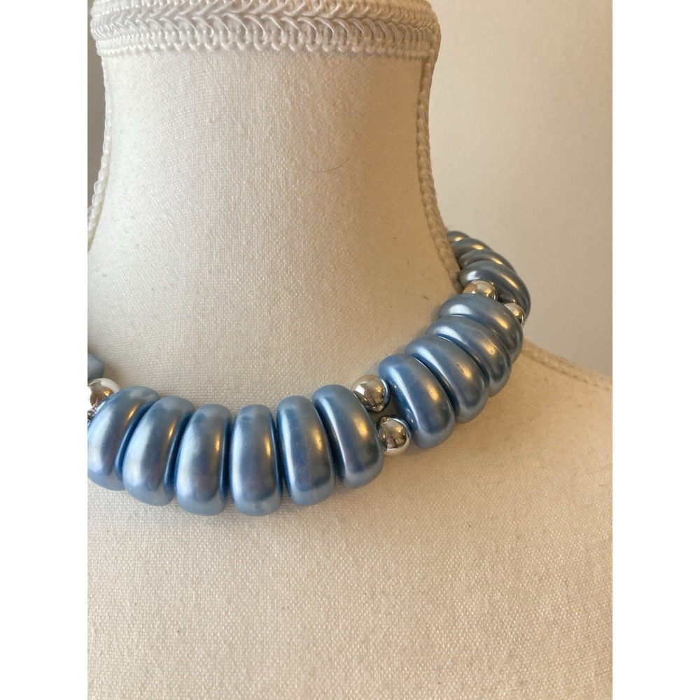 Vintage Blue Ribbed Bead Choker Necklace Silver Tone Retro Statement Chunky Glam - Picture 7 of 7